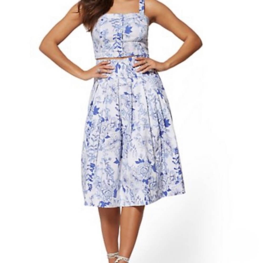 Cobalt Blue Floral Midi Skirt With Pockets Vintage Size 0